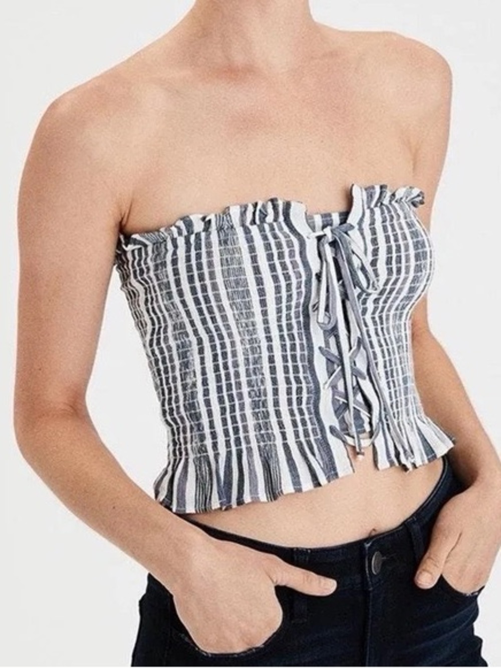 American Eagle Blue Striped Lace up Crop Top